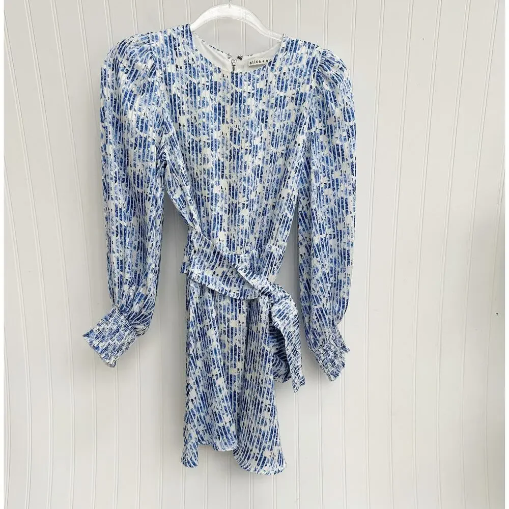 Alice + Olivia Molli Dress Blue White Floral Print Belted Long Sleeve Mini 4 - Picture 7 of 9